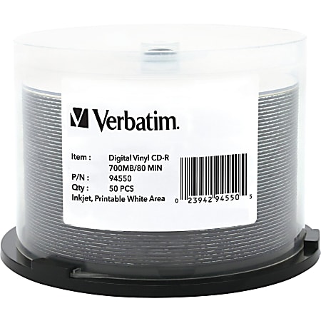 Verbatim CD-R 80min 52X with Digital Vinyl/White Inkjet Printable Surface, Hub Printable - 50pk Spindle