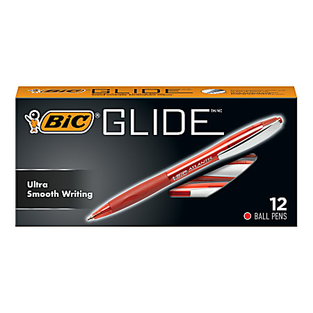 BIC® Glide™ Retractable Ballpoint Pens, Medium Point, 1.0 mm, Clear Barrel, Red Ink, Pack Of 12