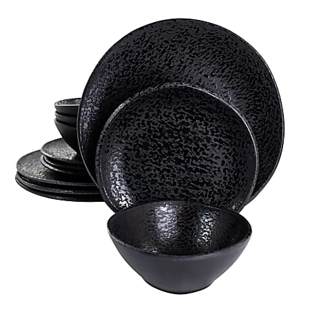 Gibson Home Yoko 12-Piece Round Melamine Dinnerware Set, Black