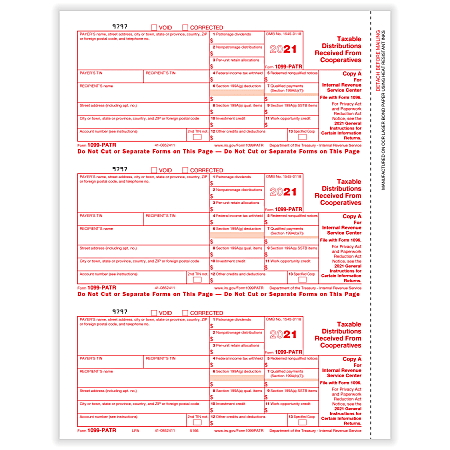 ComplyRight™ 1099-PATR Tax Forms, 3-Up, Federal Copy A, 8-1/2” x 11”, Pack Of 150 Forms