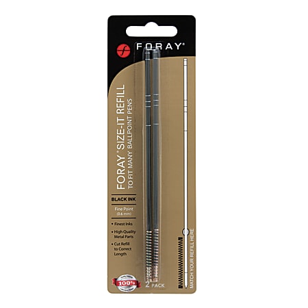 FORAY® Size-It Ballpoint Pen Refills, Fine Point, 0.6mm, Black, Pack Of 2