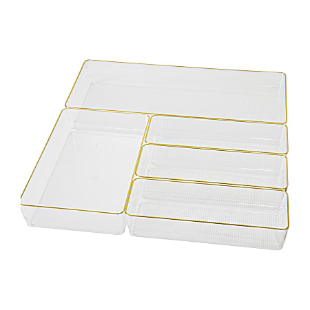 Martha Stewart Kerry Plastic Stackable Office Desk Drawer 5-Piece Organizer Set, Clear/Gold Trim