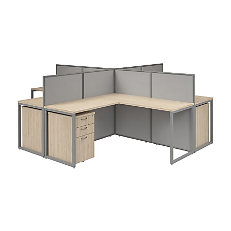 Bush Business Furniture Easy Office 60W 4 Person L Shaped Cubicle Desk with Drawers and Low Panels, Natural Elm, Standard Delivery