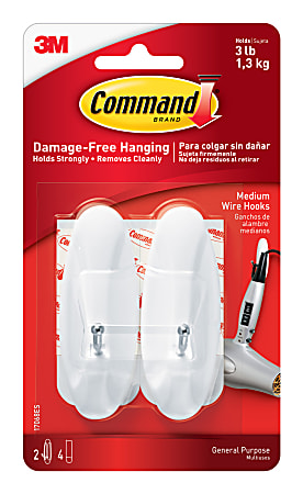 Command™ Medium Wire Hooks, Damage-Free, White, Pack of 2 Hooks, 2 Pairs of Strips