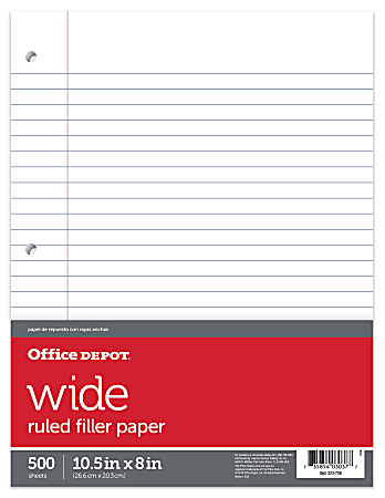 Office Depot® Brand Ruled Filler Paper, 10 1/2" x 8", 3-Hole Punched, 16 Lb, Wide Ruled With Margin, Ream Of 500 Sheets