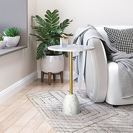 Zuo Modern Cynthia Marble And Iron Round End Table, 22”H x 16”W x 16”D, White/Gold