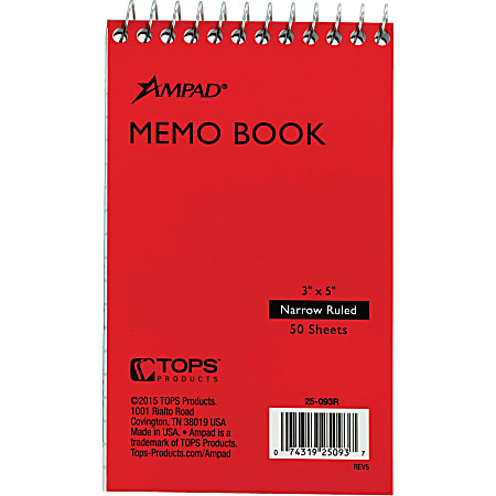 Ampad Topbound Memo Book, 50 Sheets, 3" x 5"