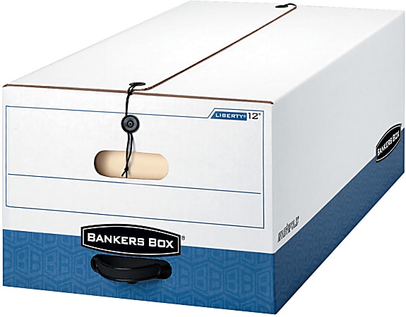 Bankers Box® Liberty® FastFold® Heavy-Duty Storage Boxes With Locking Lift-Off Lids And Built-In Handles, Legal Size, 24" x 15" x 10", 60% Recycled, White/Blue, Case Of 12