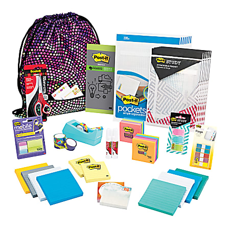 Post-it® & Scotch® Treasure Tote Of Notes, Scissors, Tape, Flags & Pockets, Assorted Colors