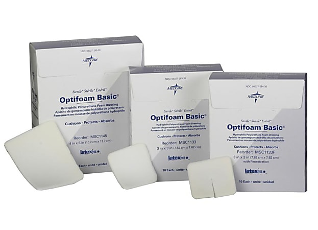 Medline Optifoam Basic Sterile Non-Adhesive Dressings, Fenestrated, 3" x 3", Pack Of 10