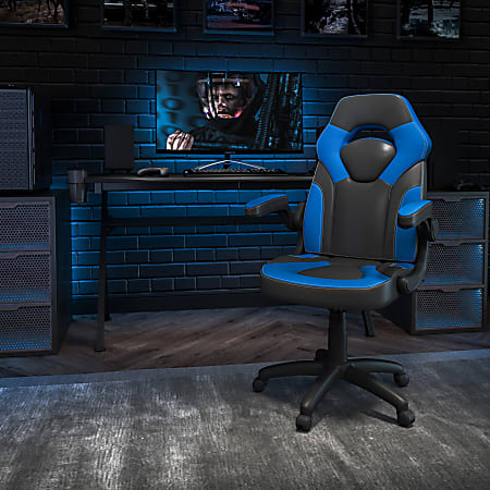 Flash Furniture X10 Ergonomic LeatherSoft High-Back Racing Gaming Chair With Flip-Up Arms, Blue/Black