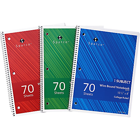 Sparco® Wirebound Notebooks, 8" x 10 1/2", College Ruled, 70 Sheets, Assorted Colors, Pack Of 3