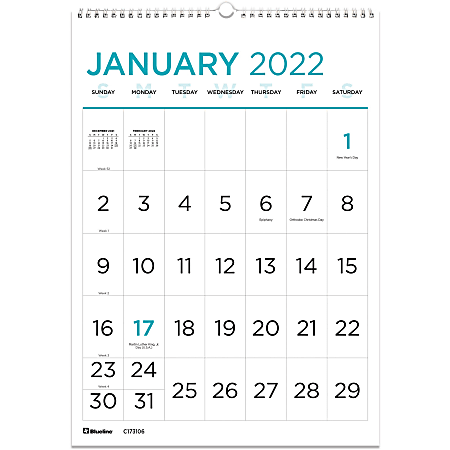 Blueline Large Print Wall Calendar - Monthly - 1 Year - January 2022 till December 2022 - 1 Month Single Page Layout - Twin Wire - Light Blue - Chipboard - 17" Height x 12" Width