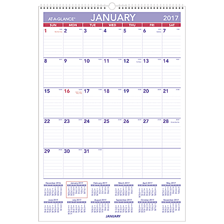 AT-A-GLANCE® Monthly Wall Calendar, 15 1/2" x 22 3/4", 30% Recycled, Blue/Red, January to December 2017