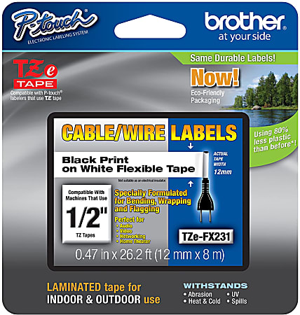 Brother® TZe-FX231CS Black-On-White Tape, 0.5" x 26.2&#x27;