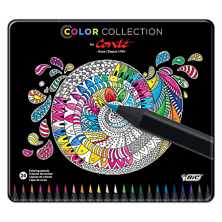 BIC® Conté® Adult Coloring Pencils, 3.2 mm, Black Barrel, Assorted Lead Colors, Pack Of 24