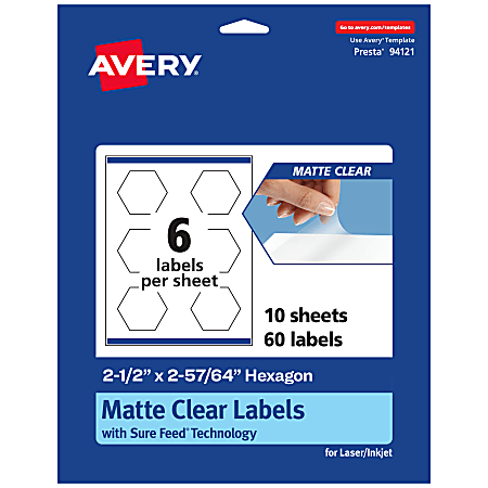 Avery® Permanent Labels With Sure Feed®, 94121-CMF10, Hexagon, 2-1/2" x 2-57/64", Matte Clear, Pack Of 60