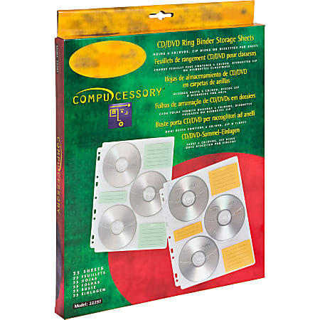 Compucessory CD/DVD Ring Binder Storage Pages - 6 x CD/DVD Capacity - 9 x Holes - Ring Binder - Clear - Polypropylene - 25 / Pack