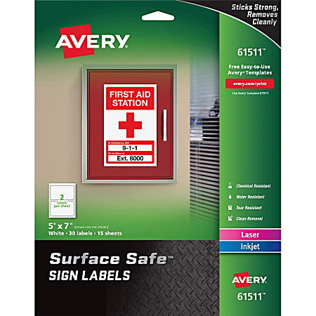 Avery® Surface Safe Sign Labels, 7" x 5", Rectangle, Pack Of 30