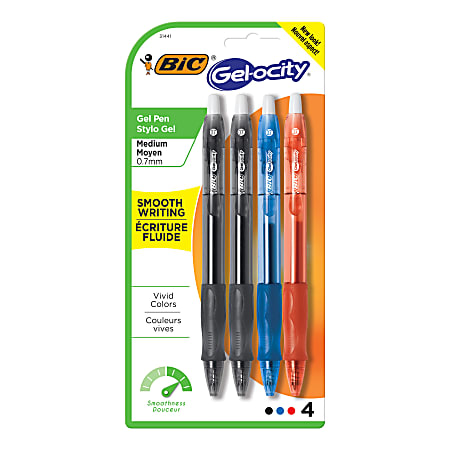 BIC Gelocity Retractable Gel Ink Rollerball Pens, Medium Point, 0.7 mm, Assorted Barrels, Assorted Ink Colors, Pack Of 4