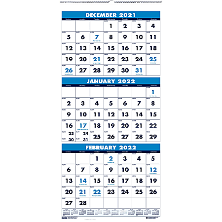 House of Doolittle Three-month Vertical Wall Calendar - Monthly - 14 Month - December 2021 till January 2023 - 3 Month Single Page Layout - 12 1/4" x 27" Sheet Size - Wire Bound - Blue - Paper - 26" Height x 12.3" Width - Eyelet - 1 Each