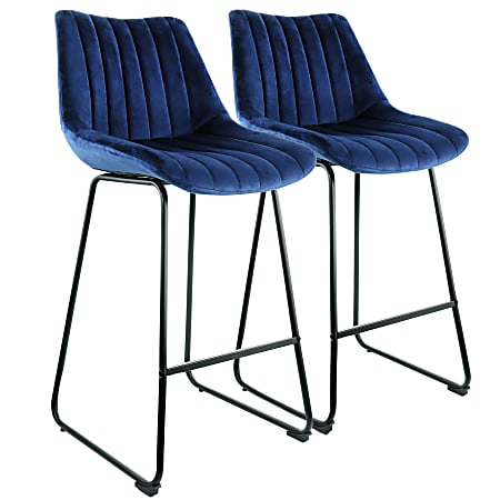 Elama Velvet Tufted Bar Chairs, Blue/Silver, Set Of 2 Chairs