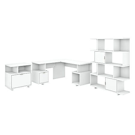 kathy ireland® Home by Bush Furniture Madison Avenue 60"W L-Shaped Desk With Lateral File Cabinet And Bookcase, Pure White, Standard Delivery