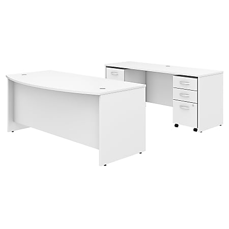 Bush Business Furniture Studio C Bow Front Desk and Credenza with Mobile File Cabinets, 72"W x 36"D, White, Premium Installation