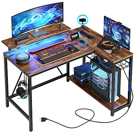 Bestier RGB Gaming Desk With Storage Shelf & Side Pocket, 42"W, Rustic Brown