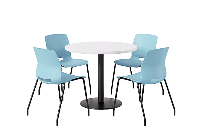 KFI Studios Midtown Pedestal Round Standard H Table Set, Designer White Top/Black Base/Sky Blue Chairs - 840031939791