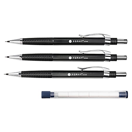 FORAY® Auto Feed Mechanical Pencils, 0.5mm, Black Barrel, Pack Of 3 With 6 Erasers