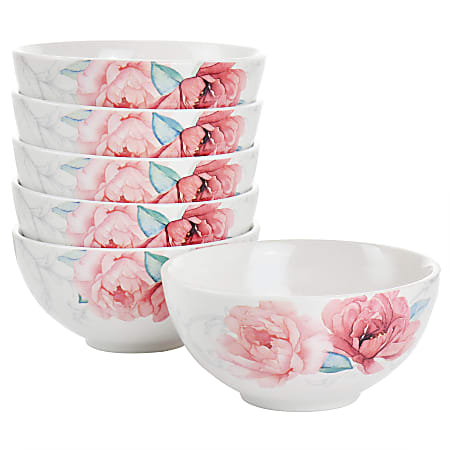 Martha Stewart Fine Ceramic 6-Piece Floral Decorated Cereal Bowl Set, 6”, White/Pink