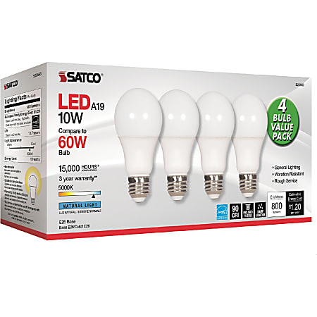 glemsom Kyst Lab Satco 10W A19 LED 5000K Light Bulbs 10 W 60 W Incandescent Equivalent  Wattage 120 V AC 800 lm A19 Size Frosted White Natural Light Light Color  E26 Base 15000 Hour 8540.3