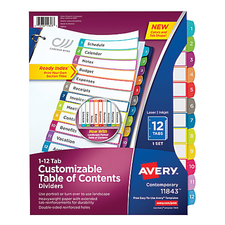Avery® Ready Index® Dividers, 1-12 Tab & Customizable Table Of Contents, 8 1/2" x 11", Multicolor