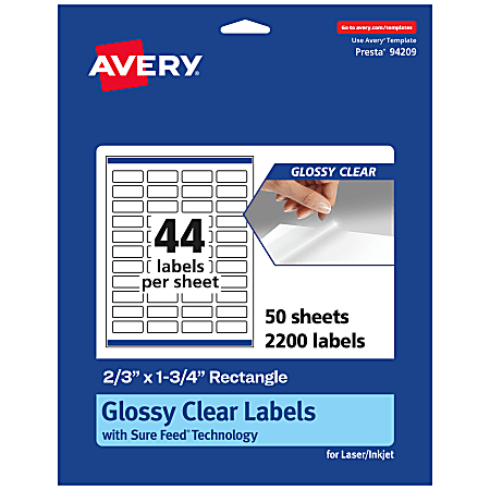 Avery® Glossy Permanent Labels With Sure Feed®, 94209-CGF50, Rectangle, 2/3" x 1-3/4", Clear, Pack Of 2,200