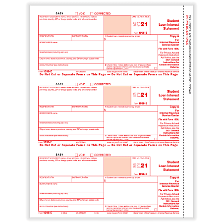 ComplyRight™ 1098-E Tax Forms, 3-Up, Federal Copy A, Laser, 8-1/2" x 11", Pack Of 150 Forms