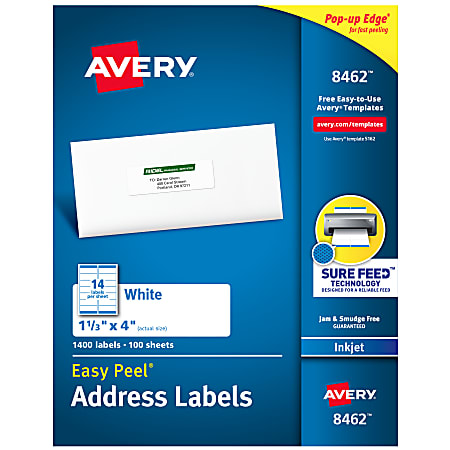 Avery® Easy Peel® Address Labels With Sure Feed® Technology, 8462, Rectangle, 1-1/3" x 4", White, Box Of 1,400