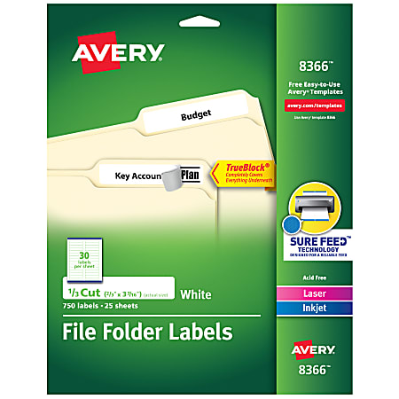 Avery® TrueBlock® Permanent File Folder Labels, 8366, 2/3" x 3 7/16", White, Pack Of 750