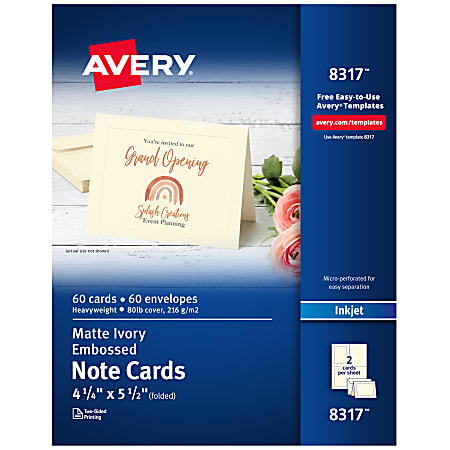 Avery® Printable Note Cards With Envelopes, 4.25" x 5.5", Ivory With Embossed Border, 60 Blank Note Cards For Inkjet Printers