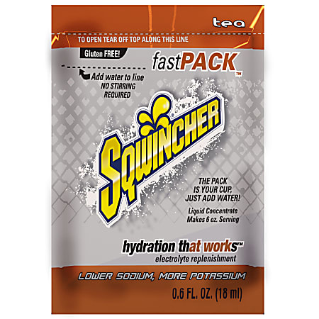 Sqwincher Fast Pack® Electrolyte Replenishment Concentrate, Tea, 0.6 Oz, Case of 200
