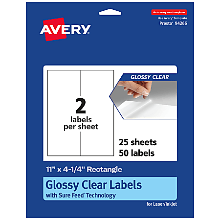 Avery® Glossy Permanent Labels, 94266-CGF25, Rectangle, 11" x 4-1/4", Clear, Pack Of 50