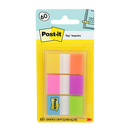 Post-it® Flags, 1" x 1 7/10", Assorted Electric Glow Colors, Pack Of 60 Flags