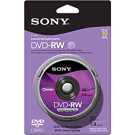 Sony 10DMW30RS2H DVD Rewritable Media - DVD-RW - 2x - 1.40 GB - 10 Pack Spindle - 80mm Mini - 30 Minute Maximum Recording Time
