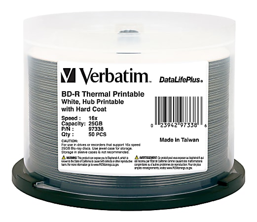 Verbatim BD-R 25GB 16X DataLifePlus White Thermal Printable, Hub Printable - 50pk Spindle - 50pk Spindle