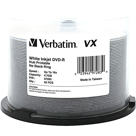 Verbatim DVD-R 4.7GB 16X VX White Inkjet Printable, Hub Printable - 50pk Spindle - 120mm - Yes - Inkjet Printable - 2 Hour Maximum Recording Time