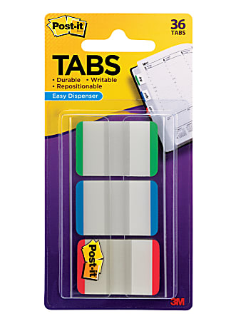 Post-it Durable Tabs, 1 in. x 1.5 in., Pack of 36 Tabs, Green, Blue, Red