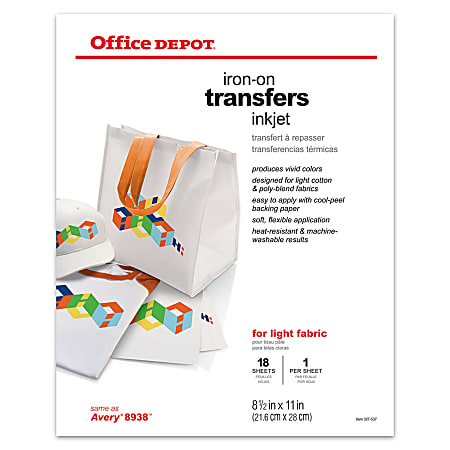 Office Depot® Light Fabric Inkjet Iron-On Transfers, Letter Size (8 1/2" x 11"), Pack Of 18