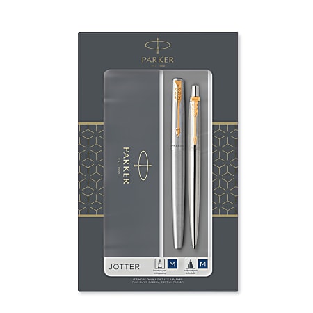 Parker Jotter Duo Gift Set with Ballpoint Pen & Fountain Pen, Stainless Steel with Gold Trim, Blue Ink Refill & Cartridges, Gift Box