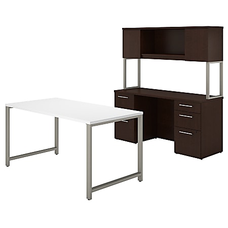 Bush Business Furniture 400 Series Table Desk And Credenza With File Drawers And Hutch, 60"W x 30"D, Mocha Cherry/White, Standard Delivery