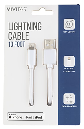 Vivitar Lightning To USB-A Cable, 10', White, NIL1010-WHT-STK-24